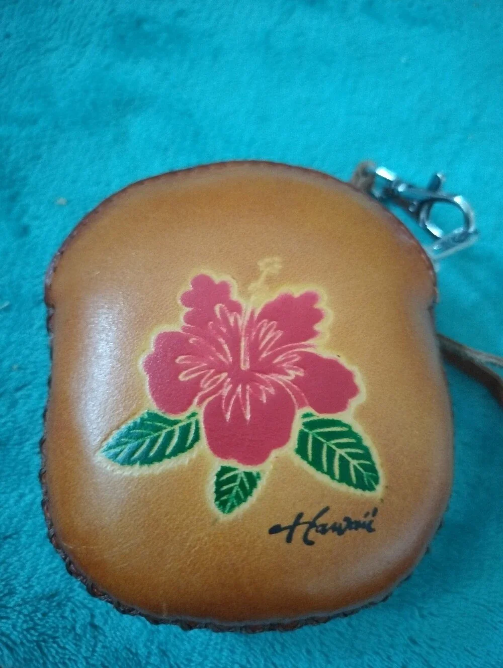 Hand-Tooled Leather Coin Purse Wristlet Hawaii Hand-Painted pink hibiscus flower